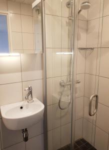 een badkamer met een wastafel en een douche bij Aia Apartment in Haapsalu