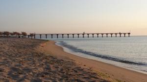 a beach with a pier in the water at Ваканционно селище СБХ in Shkorpilovtsi