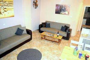 a living room with two couches and a coffee table at Dourios Ippos Apartments in Frikes