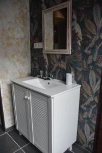a bathroom with a sink, mirror, and bathtub at "Chez Ba'Nus" in Blankenberge