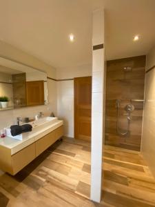 a bathroom with a sink and a shower at Ferienwohnung Hopfengarten in Spalt