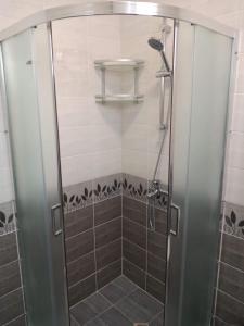 a shower with a glass door in a bathroom at Къща за гости Калинови in Sandanski
