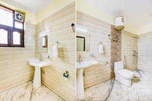 twee foto's van een badkamer met toilet en wastafel bij FabExpress Royal Ashray in Noida