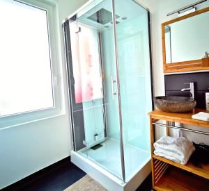 Appart Hotel Relax Spa في لونس: دش زجاجي في حمام مع حوض