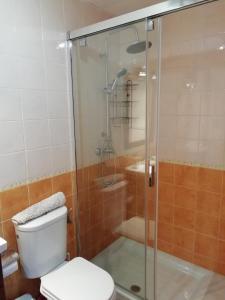 Un baño con inodoro y ducha de cristal. en Apartamento en rota, en Rota