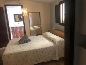 a small bedroom with a bed and a mirror at Casa de Campo Patricia in Priego de Córdoba