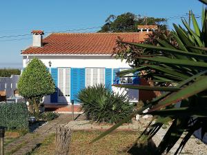 een blauw-wit huis met planten ervoor bij Casa de Praia in Vila do Conde
