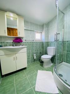 a bathroom with a toilet and a sink and a shower at Melisa Hotel in Bozburun +38 photos