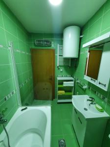 Un baño verde con bañera y lavabo en Stankovic apartman, en Niš