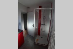 eine Dusche im Bad mit einer roten Wand in der Unterkunft Maison entière in Chorges