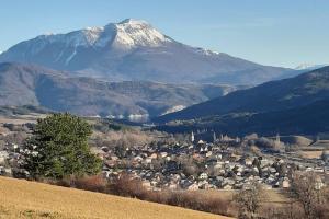 una ciudad en un campo con una montaña en el fondo en Maison entière en Chorges