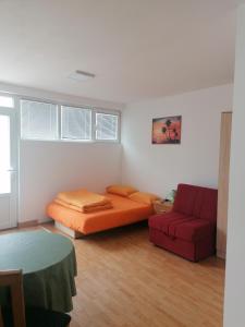 ein Schlafzimmer mit einem Bett und einem roten Sofa in der Unterkunft Studio Milivojevic in Sokobanja