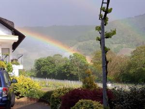 un arco iris en la distancia con una casa y un coche en Ferienweingut-Liebfried, en Nehren