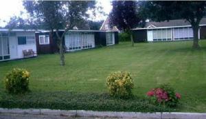 un patio con dos arbustos y una casa en Broadside Chalet Park No 90 en Norwich