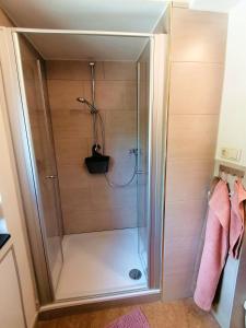 a shower with a glass door in a bathroom at Pension Weinig in Gersfeld