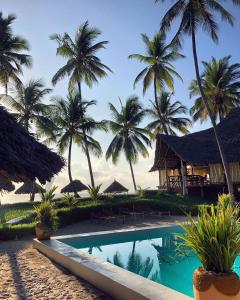 a resort with a swimming pool in front of palm trees at Tsunami Village in Bwejuu