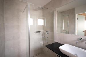een badkamer met een douche met wastafel en spiegel bij Das Kornburg-Quartier in Neurenberg +64 foto's