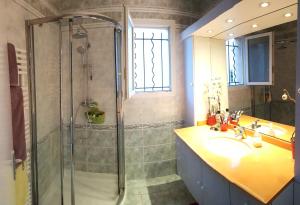 La salle de bains est pourvue d'une douche et d'un lavabo. dans l'établissement Cosy Room in the centre, à Saint-Laurent-du-Var