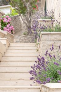 a set of stairs with purple flowers and plants at Apartman Ružica in Pučišća