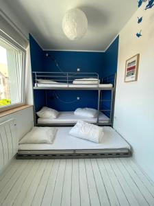 ヴィムルーにあるLe Réservoirの青い壁のドミトリールームの二段ベッド2台分です。