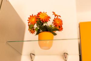 un vase avec des fleurs orange assis sur une étagère en verre dans l'établissement Apartman Magi, à Zadar