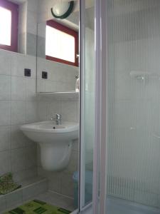 ein Bad mit einem Waschbecken und einer Glasdusche in der Unterkunft Erika Appartementhaus in Keszthely