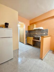 a kitchen with a white refrigerator and a counter at Faros Studios in Lygia