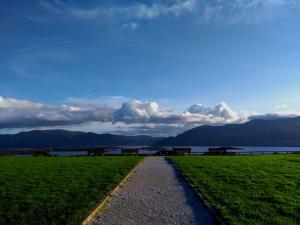 a path in a field with benches and a lake at Amber Cottage in Killarney