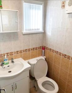 a small bathroom with a toilet and a sink at Broadside Chalet Park No 90 in Norwich