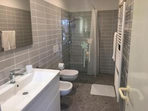 La salle de bains est pourvue d'un lavabo, de toilettes et d'une douche. dans l'établissement Soraja Apartments Izola, à Izola