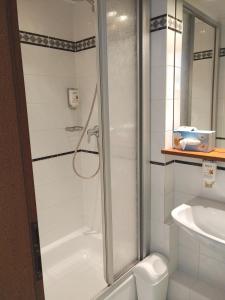 een badkamer met een douche, een toilet en een wastafel bij Berg´s Backpacker in Rüdesheim am Rhein