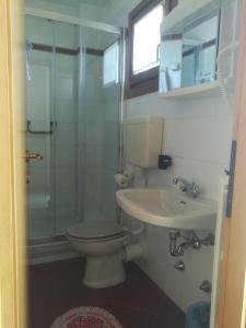y baño con aseo, lavabo y ducha. en Albergo Ristorante Sargas, en Cevo