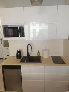 a kitchen with a sink and a counter top at Apartament Gran nad Motławą in Gdańsk