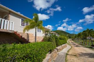 a house with a palm tree next to a street at South Coast Horizon in Curtain Bluff