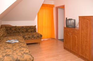 ein Wohnzimmer mit einem Sofa und einem TV in der Unterkunft Erika Appartementhaus in Keszthely