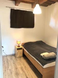 1 dormitorio con 1 cama y 1 lámpara en una mesa en Léna Vendégház en Balatonberény