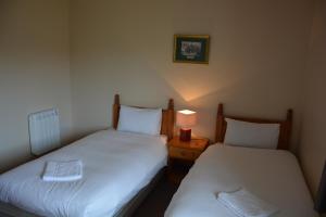 two beds in a room with a lamp on a night stand at Killarney Country Club in Faha +2 photos