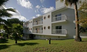 a large white building with palm trees in front of it at Es Pi 2 in Playa Migjorn