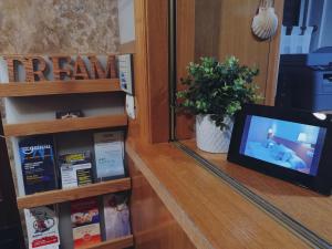 a tv sitting on a counter next to a book shelf at Hostal Anosa Casa in Santiago de Compostela