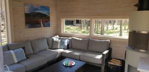 een woonkamer met een bank en een tafel bij Pyhäkirnu Cottage in Pyhätunturi