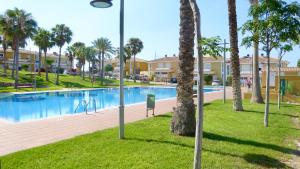 a swimming pool with palm trees and condos at Maison Illeta Golf Bonalba in Mutxamel