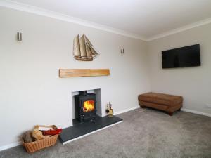 a living room with a fireplace and a tv at Hedgerow in Totnes