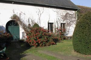 a white building with a green door and some flowers at A la Ferme de la Joie - Chambres d'Hôtes in Chevannes