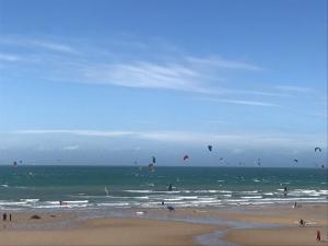 un gruppo di persone che volano aquiloni sulla spiaggia di Studio à Wissant avec vue sur Mer a Wissant
