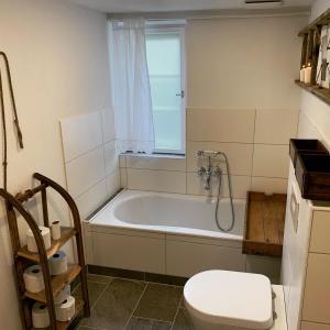 een badkamer met een bad, een toilet en een raam bij Villgratenhaus in Außervillgraten