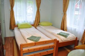 two twin beds in a room with a window at Casa Verde in Râu de Mori