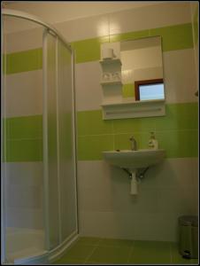 a bathroom with a shower and a sink and a mirror at Penzion U Dvou lip in Drnholec +17 photos