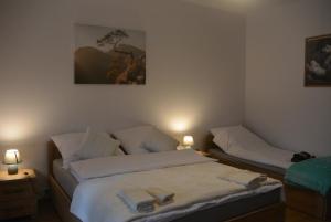 um quarto com duas camas e uma foto na parede em SONIA em Polanica-Zdrój