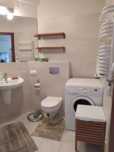 W łazience znajduje się toaleta, umywalka i pralka. w obiekcie Apartament BOOKS & SUN by the Sea we Władysławowie +15 zdjęć