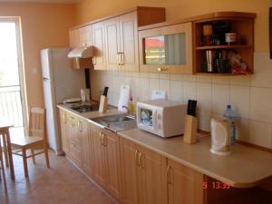 a kitchen with a counter with a sink and a refrigerator at Willa Muszelka Karwia in Karwia